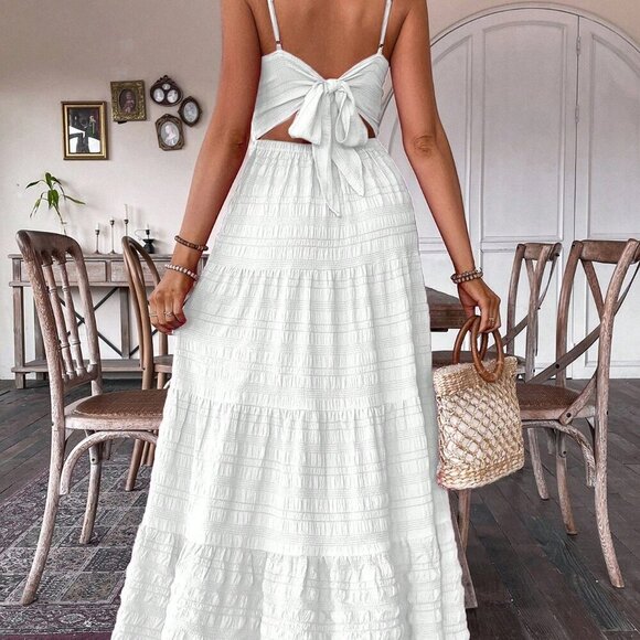 White Casual Women's Ruffle Hem Spaghetti Strap Dress - Picture 2 of 7